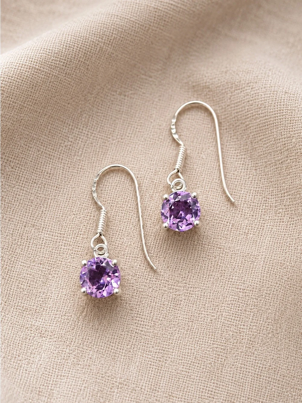 Amethyst 925 Silver Drop Earrings Faceted Round Gemstone French Hooks 925 #613