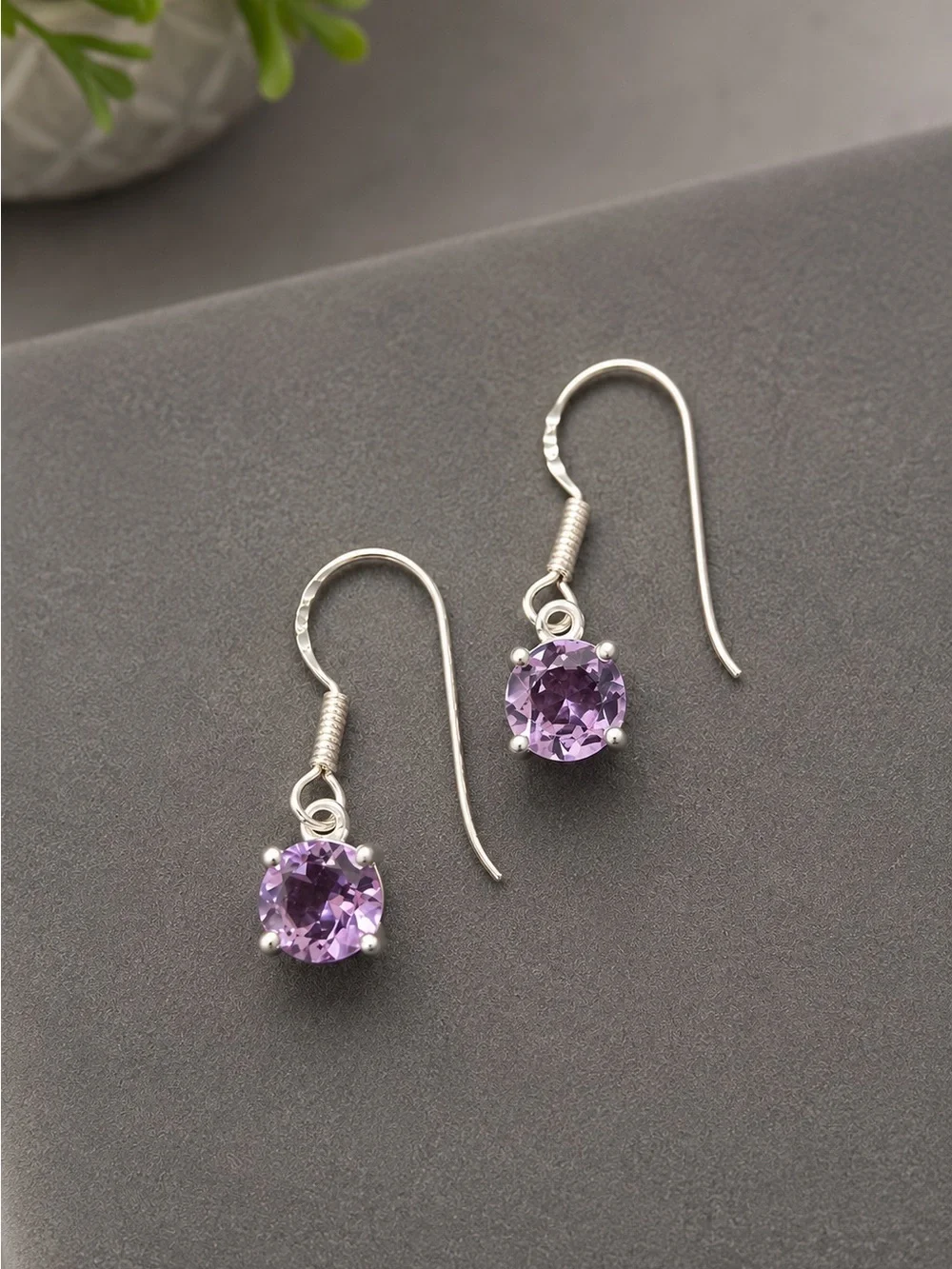 Amethyst 925 Silver Drop Earrings Faceted Round Gemstone French Hooks 925 #613