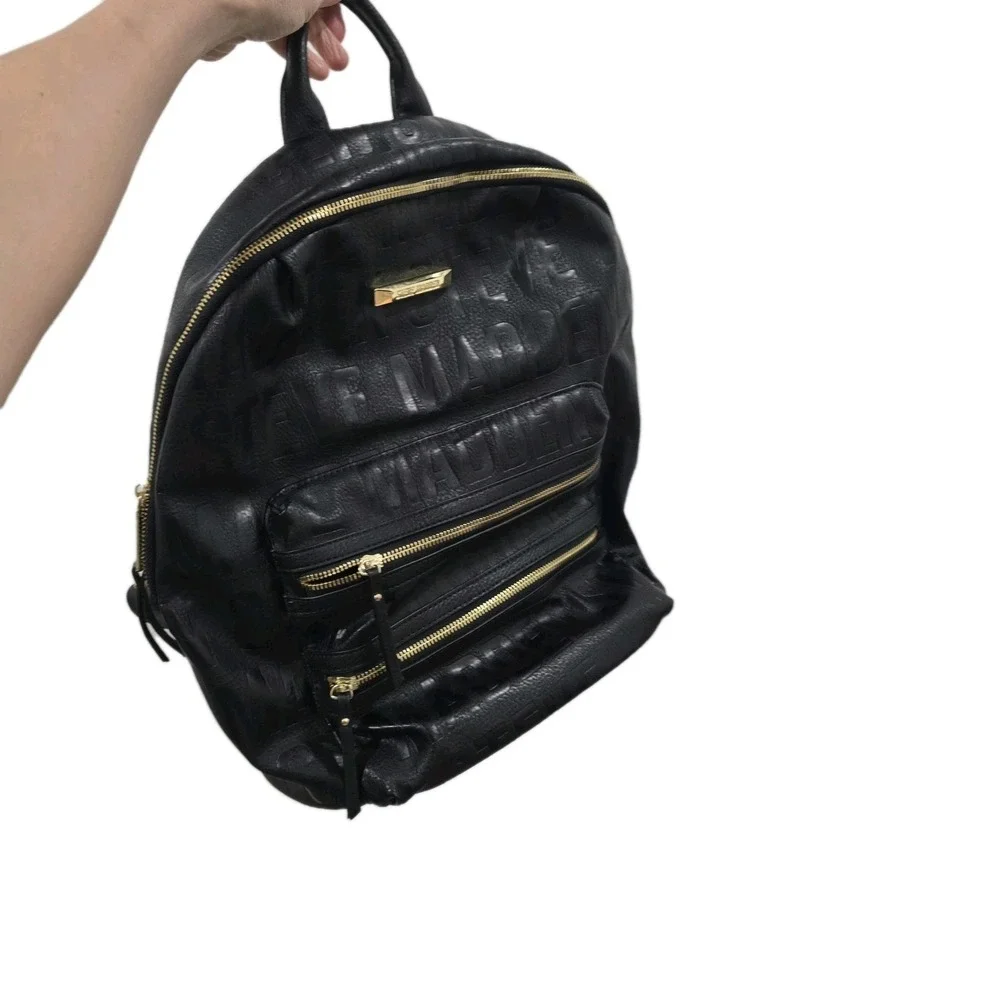 Steve‎ Madden Black Pebbled Vegan Leather Backpack Embossed Logo Gold...