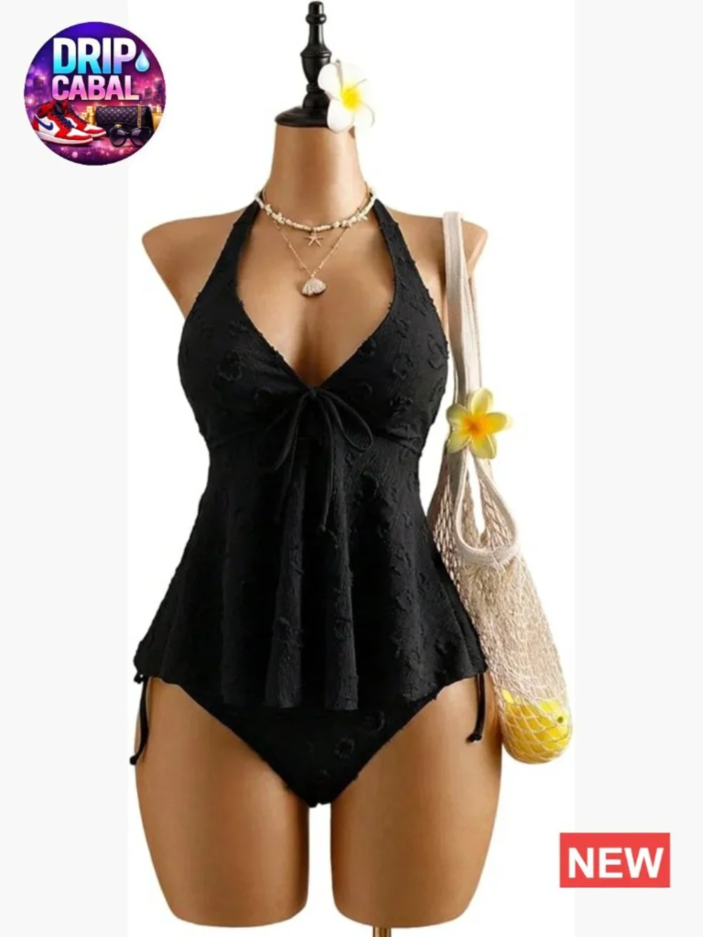 Halter Tankini Top with Tummy Control Textured V-Neck Swimwear