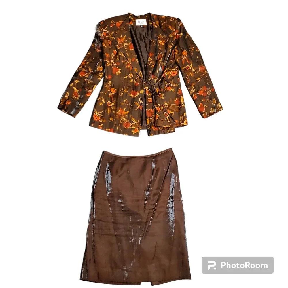Le Suit Petite Brown‎ Leaf Print 2-Piece Set
