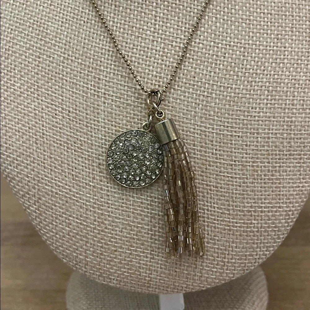 INC Long Charm Necklace Beaded Tassel & Sparkly Disc 32” Gold Tone