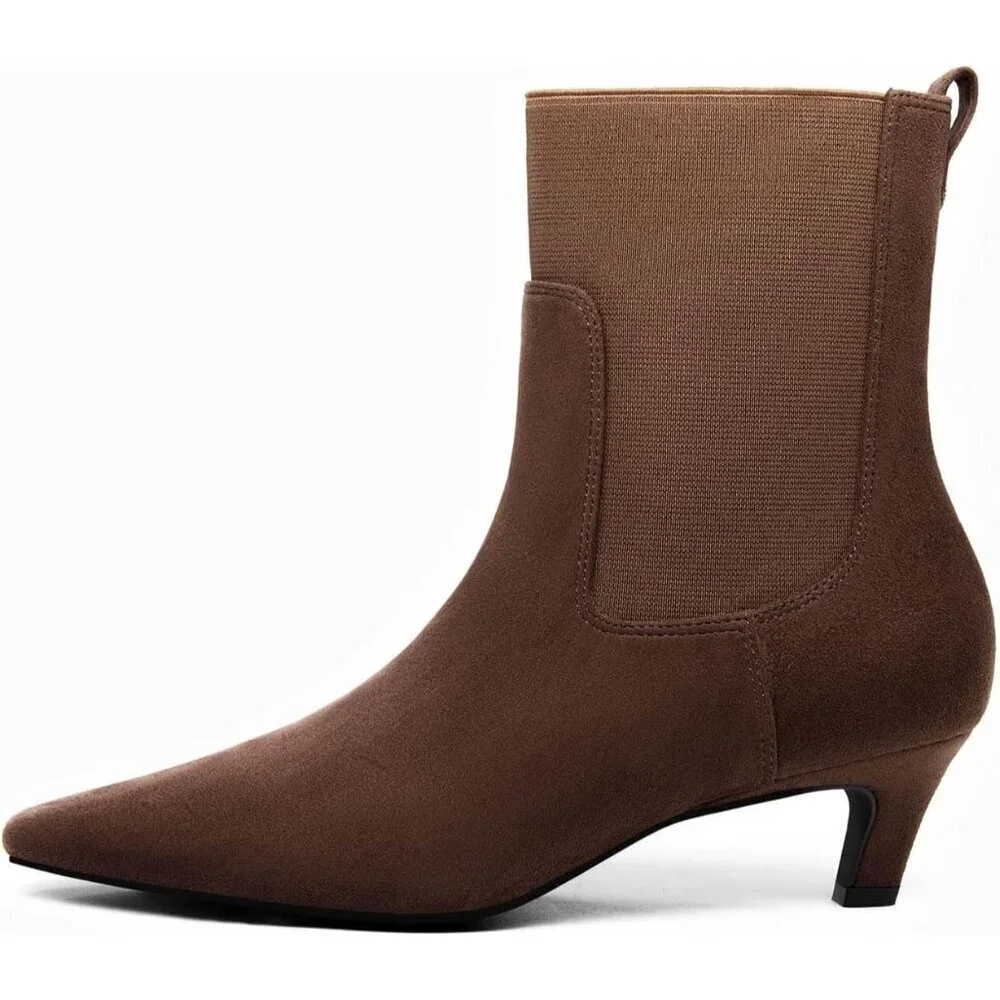 Women's Chocolate Ankle Low Kitten Heel Pointed Toe Slip On Dressy Winter Boots