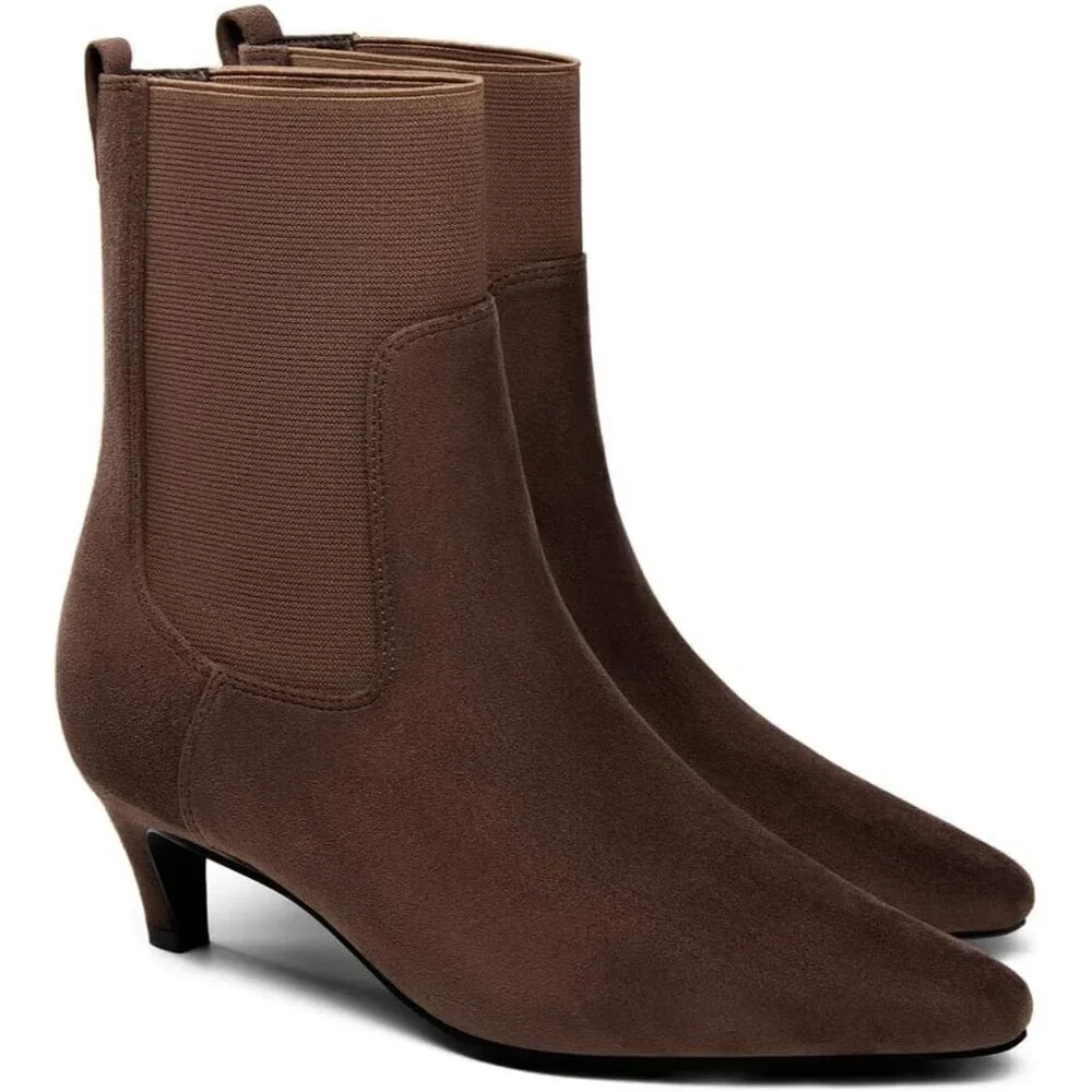 Women's Chocolate Ankle Low Kitten Heel Pointed Toe Slip On Dressy Winter Boots