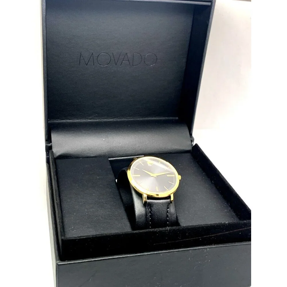 Movado Womens Watch 0607091 Ultra Slim Black Dial Swiss Quartz Gold Leather 35mm