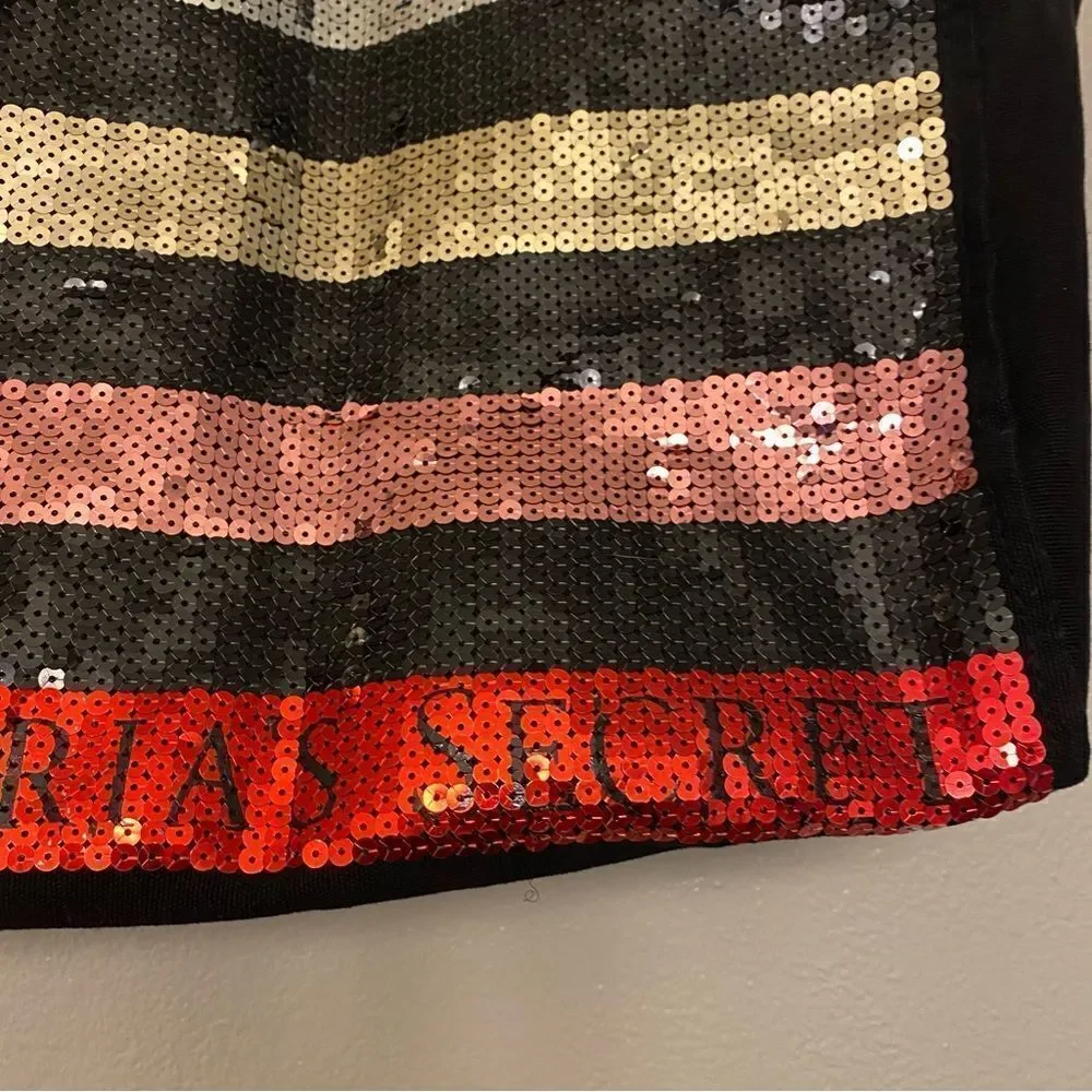Victoria's Secret Stripe Sequin Carryall Tote beach Bag Black Red Silver Large