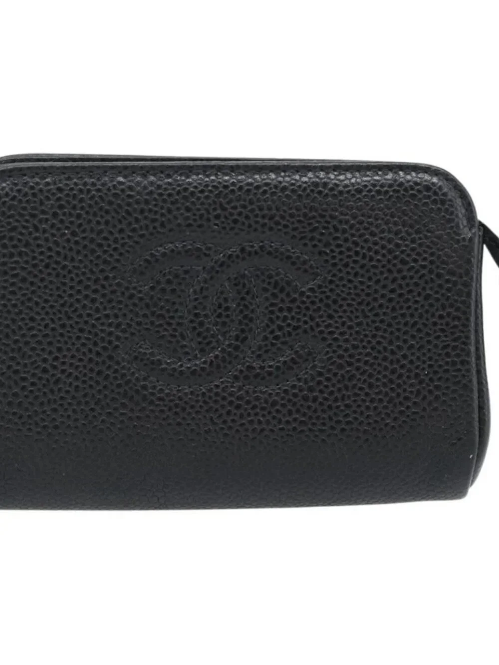 CHANEL COCO Mark Pouch Grained Calf Skin Black Gold CC Auth 181481