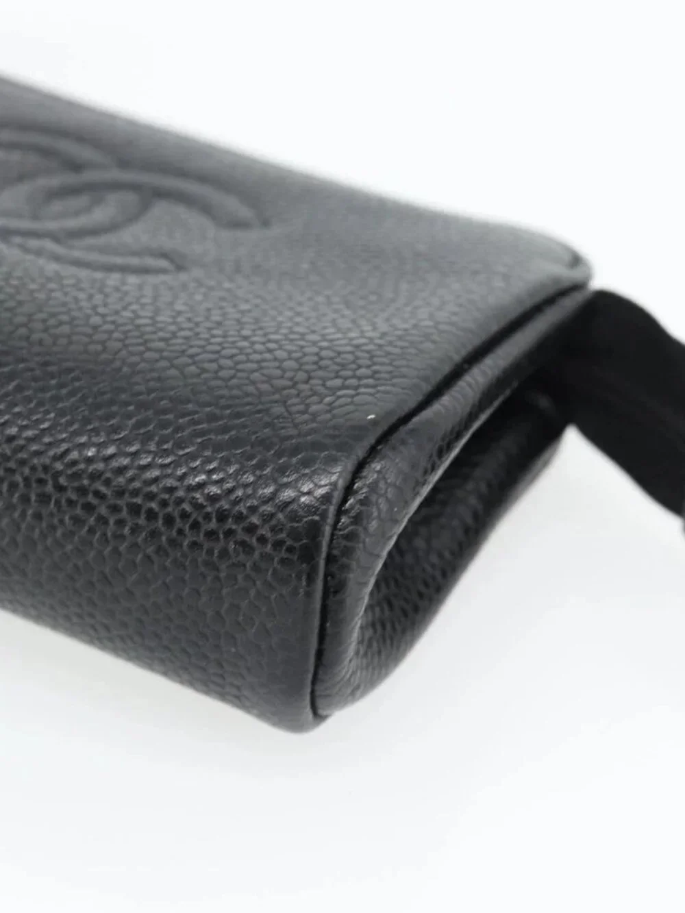 CHANEL COCO Mark Pouch Grained Calf Skin Black Gold CC Auth 181481