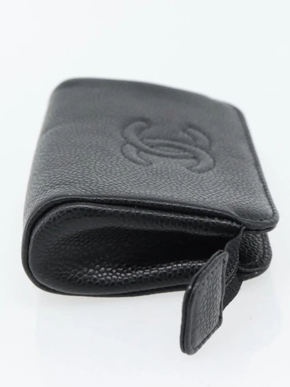 CHANEL COCO Mark Pouch Grained Calf Skin Black Gold CC Auth 181481