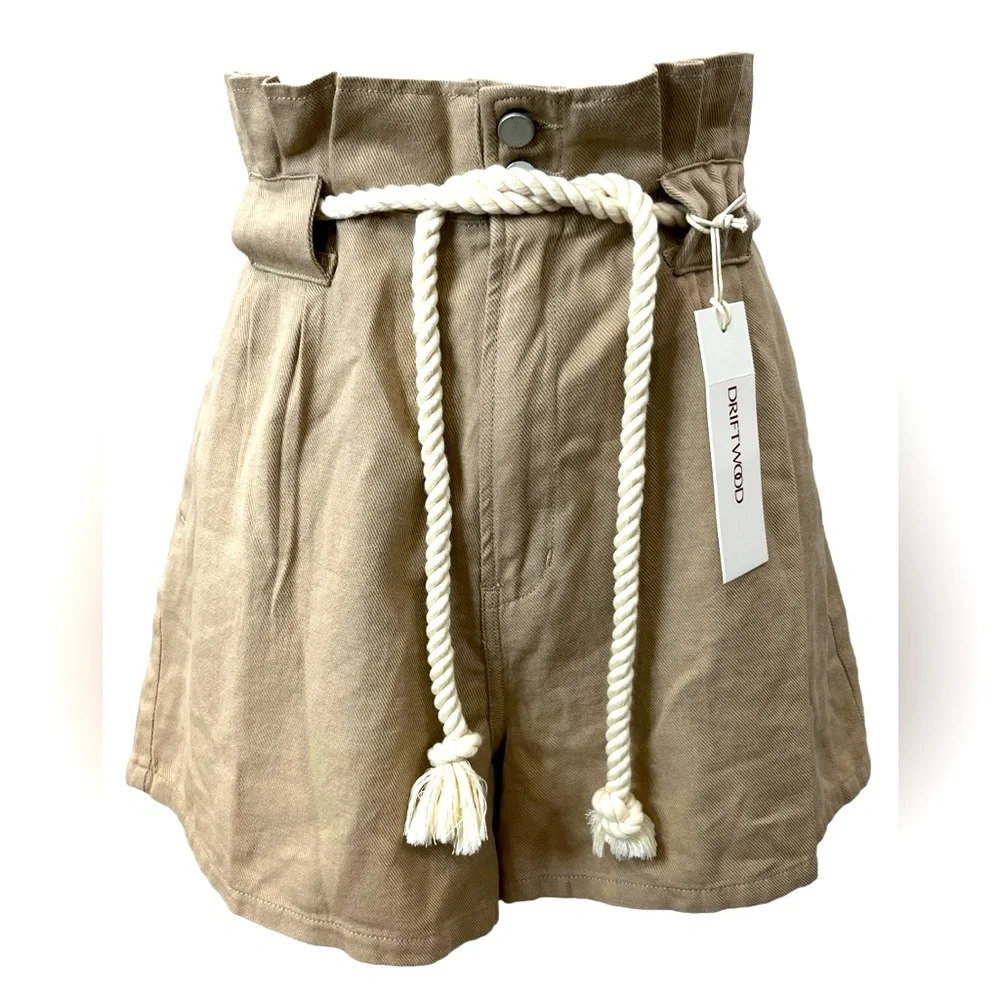 Driftwood Veronica Beige Linen Blend Paperbag High Rise Belted Shorts 29 NWT