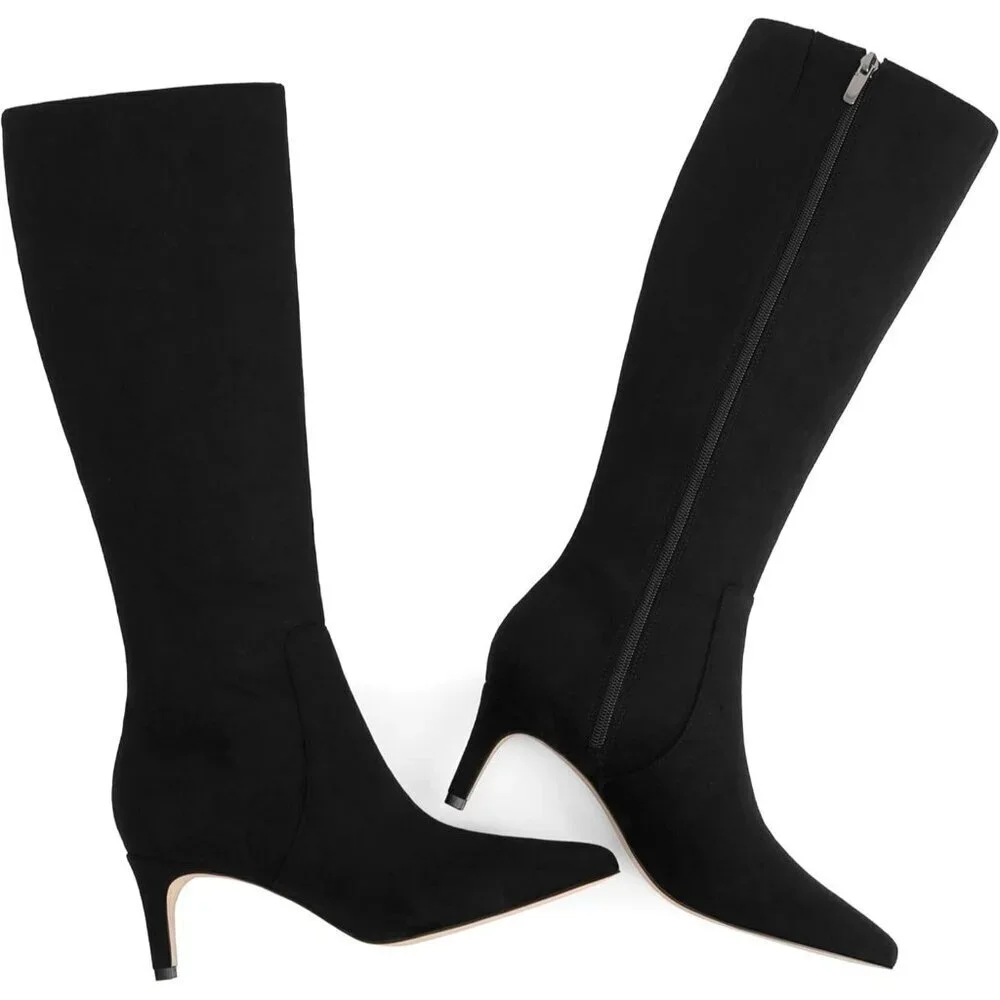 Women's Black Tall Boots Pointed Toe Kitten Heel Side Zipper Knee High Boots