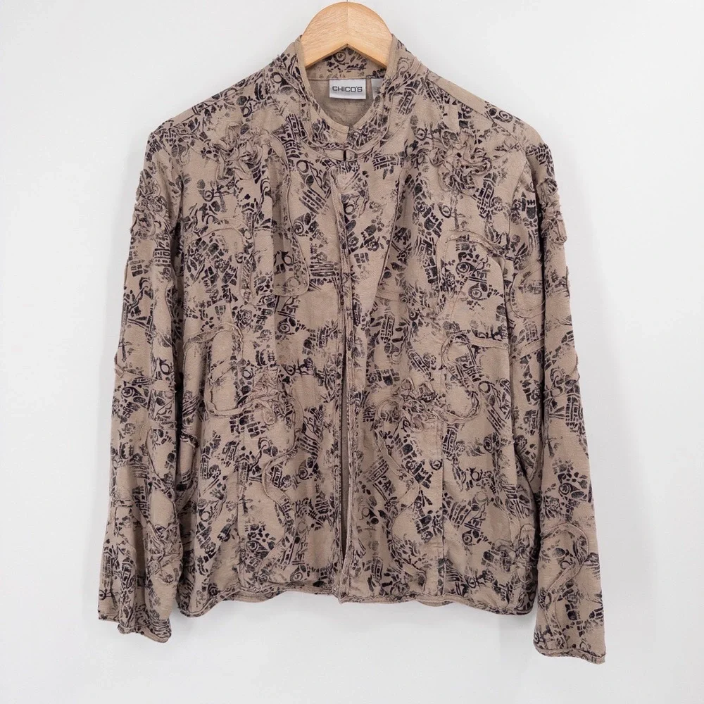 Chico's Silk Linen Textured Jacket L Sz‎ 2 Abstract Boho Artsy Floral Appliqué