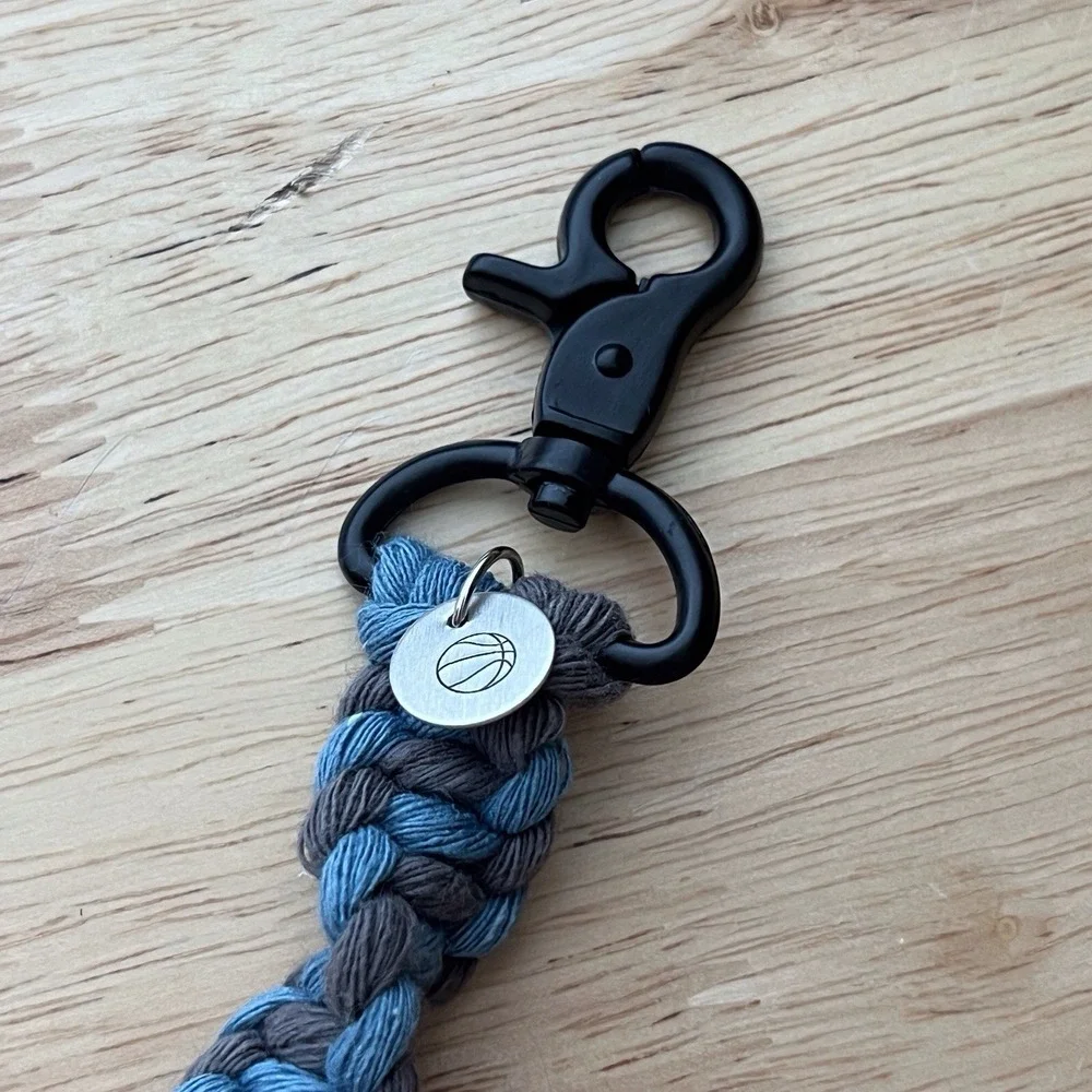 Handmade Macrame Rope Braid Keychain, Blue And Gray, Basketball Stamped Charm