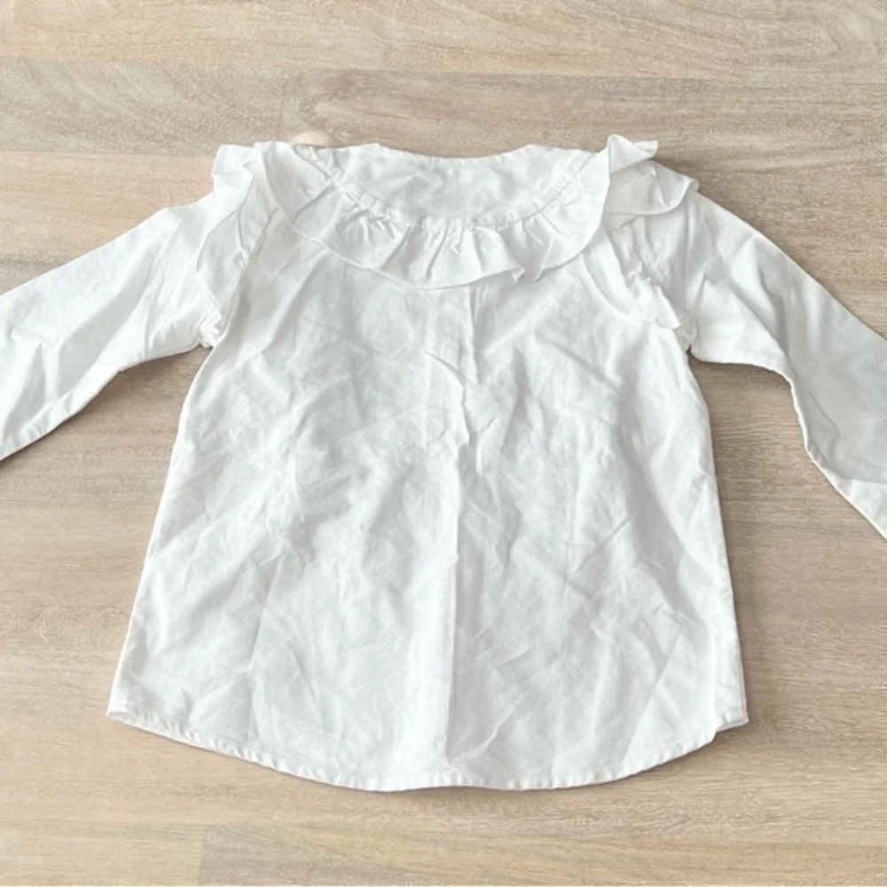 Classic Prep White Gemma‎ Preppy Ruffle Button Down Long Sleeve Shirt