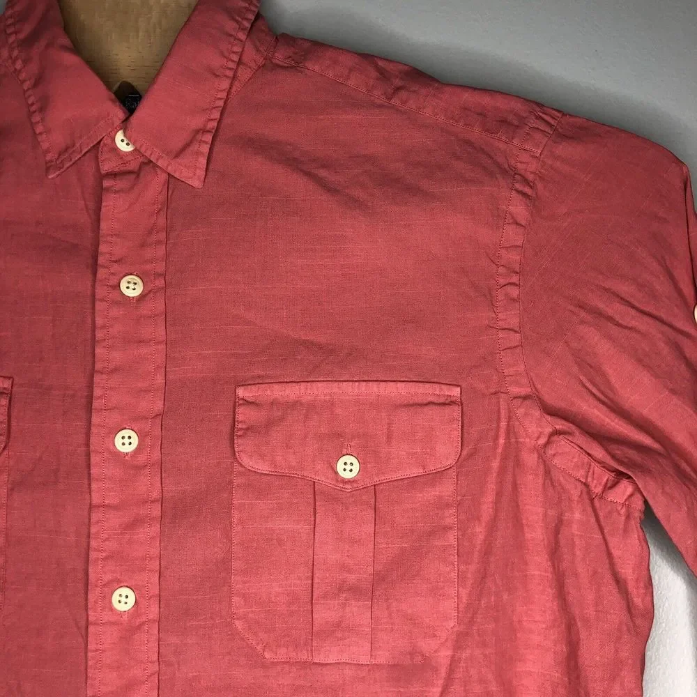 Ralph Lauren Men's Large Salmon Pink Linen Pockets‎ Button Down Casual Shirt