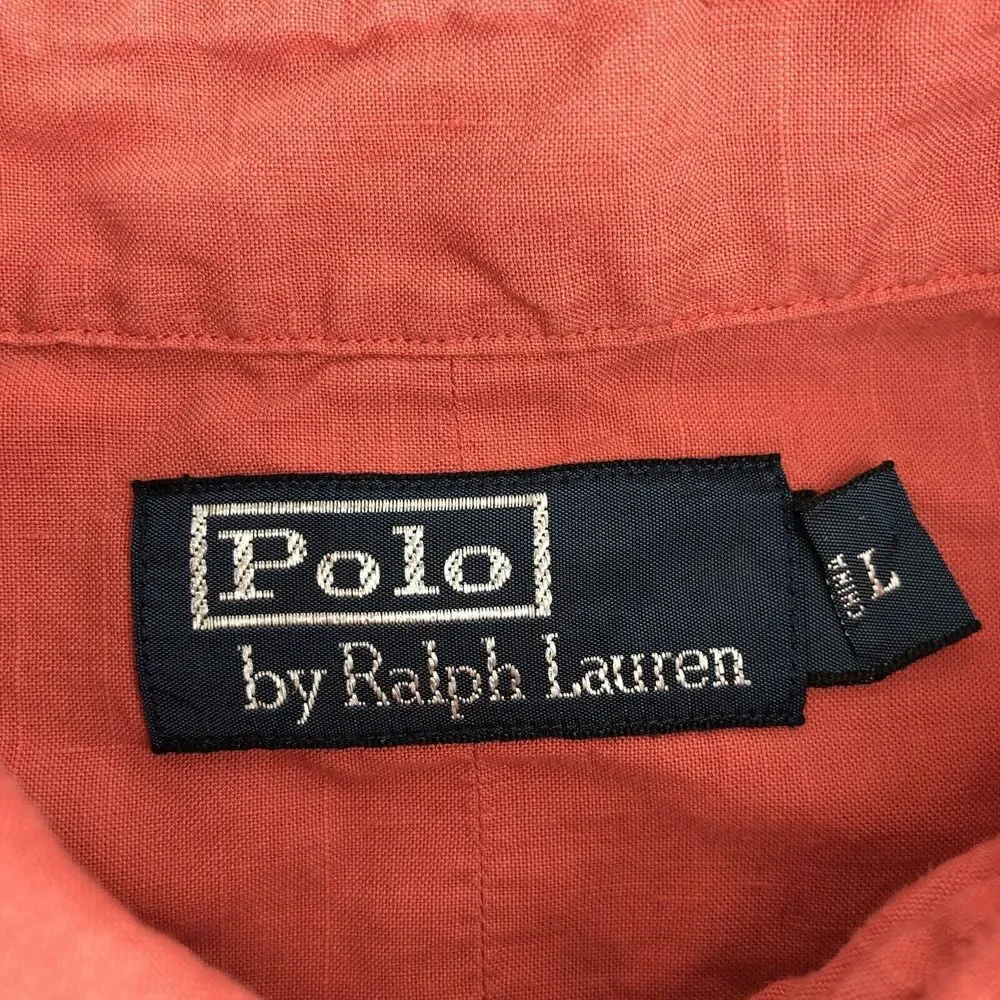Ralph Lauren Men's Large Salmon Pink Linen Pockets‎ Button Down Casual Shirt