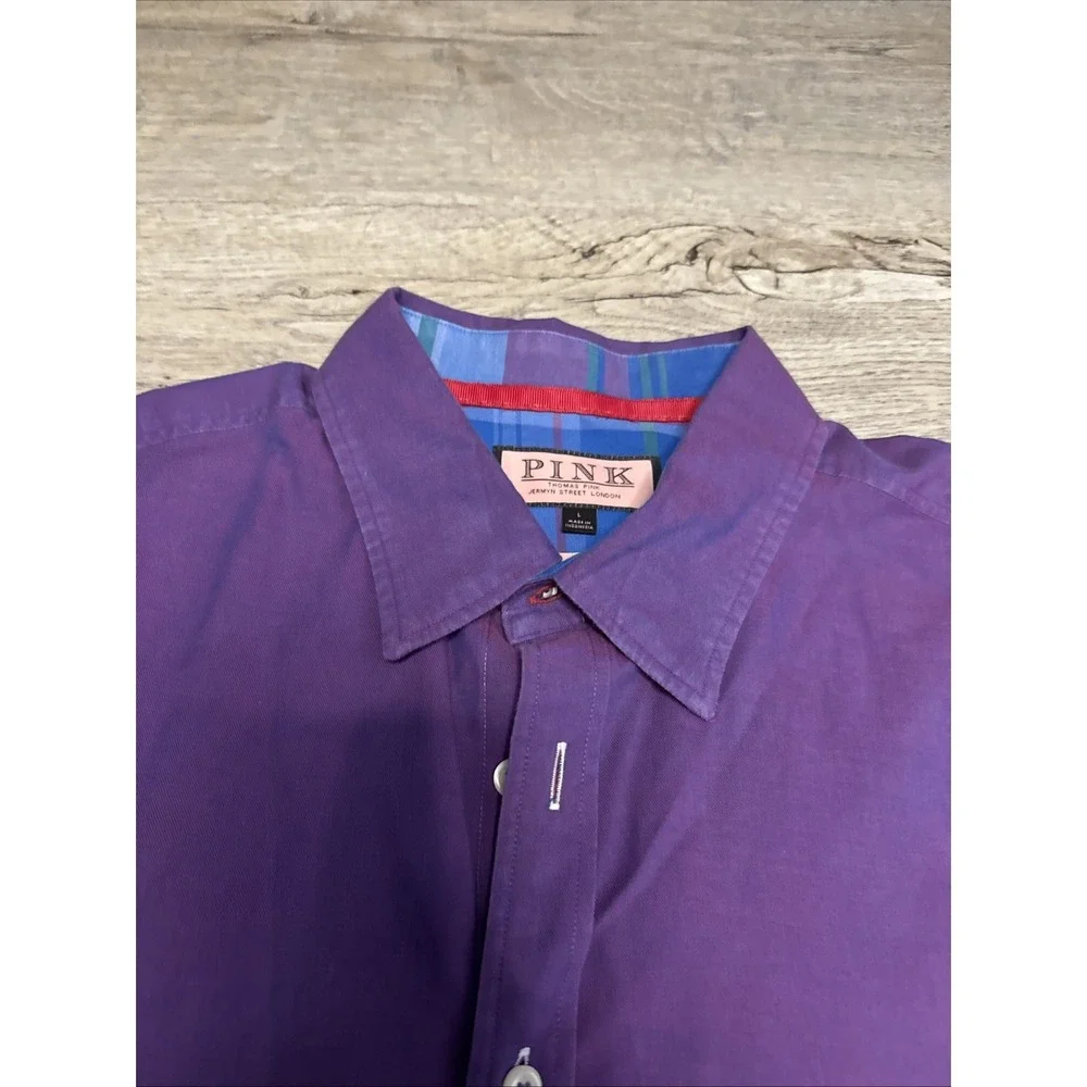 Thomas Pink Shirt Men's L  Purple Blue Cotton Jermyn Street Classic Fit Dbl Cuff