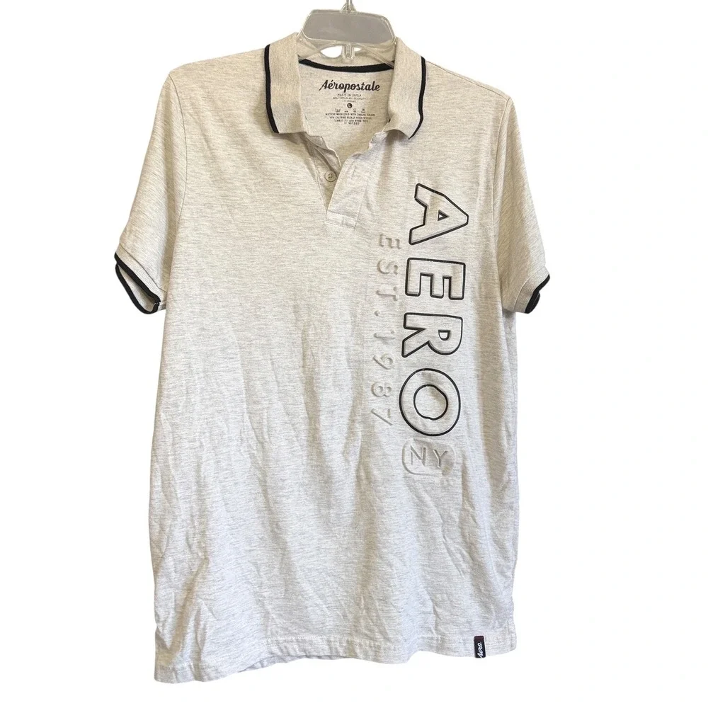 Aeropostale Mens L Gray Heather‎ Embossed Aero Graphic Polo Shirt Short Sleeve