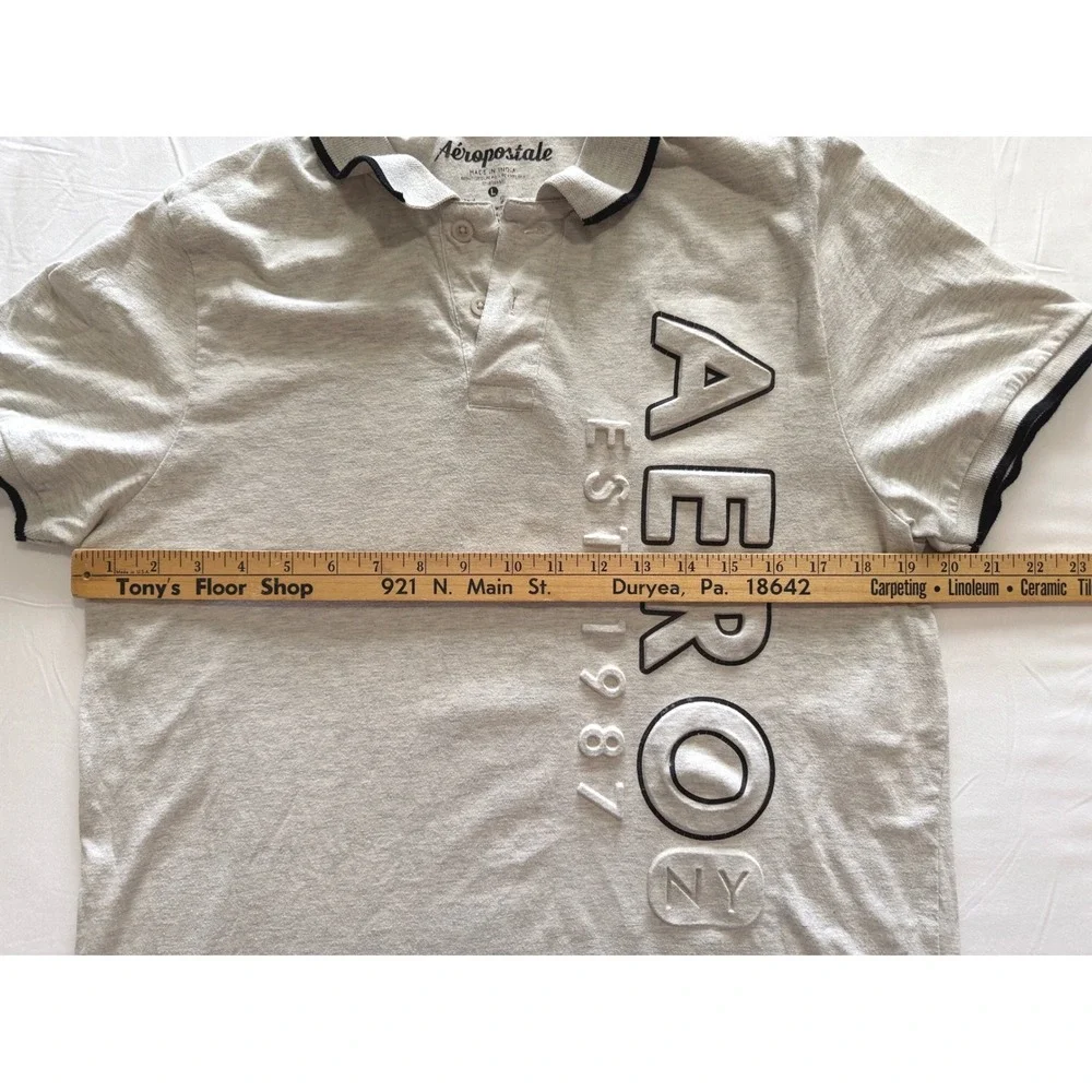 Aeropostale Mens L Gray Heather‎ Embossed Aero Graphic Polo Shirt Short Sleeve
