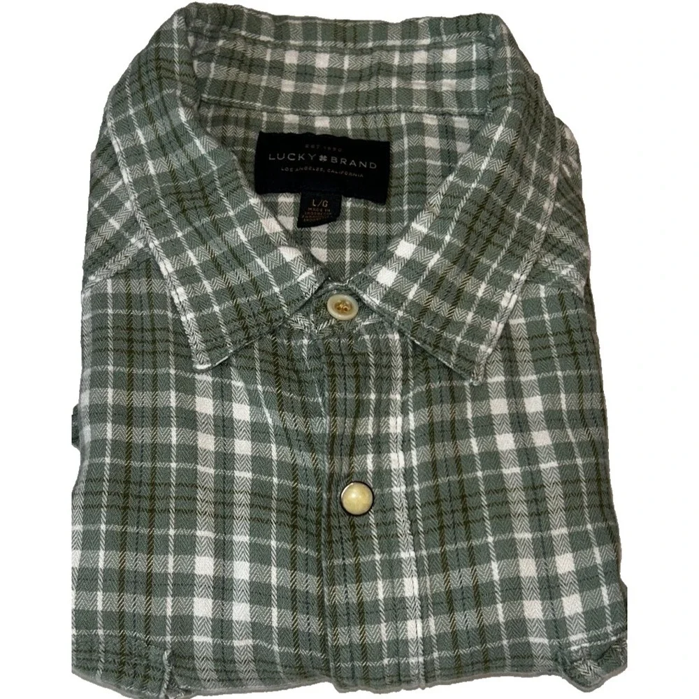 Lucky Brand Men's Western Pearl Snap Button Flannel Shirt Large Green Plaid‎