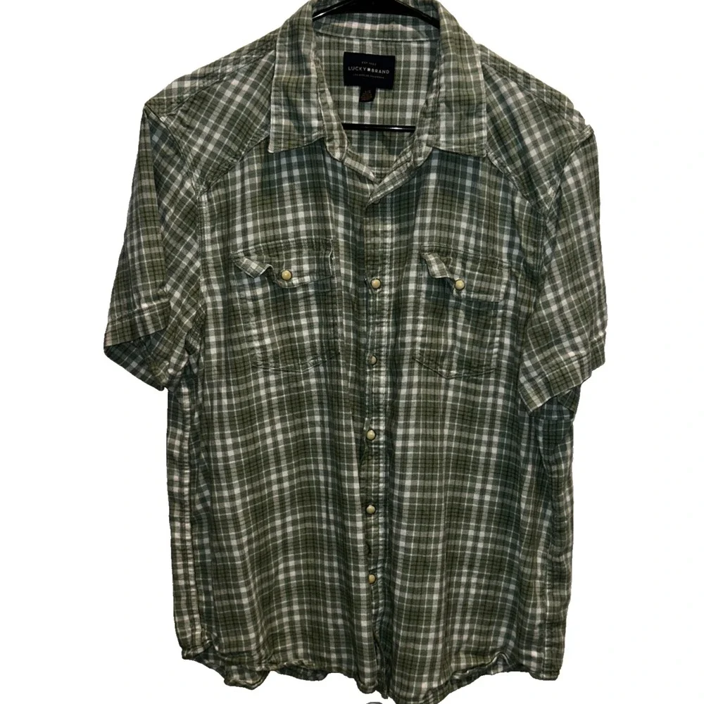 Lucky Brand Men's Western Pearl Snap Button Flannel Shirt Large Green Plaid‎