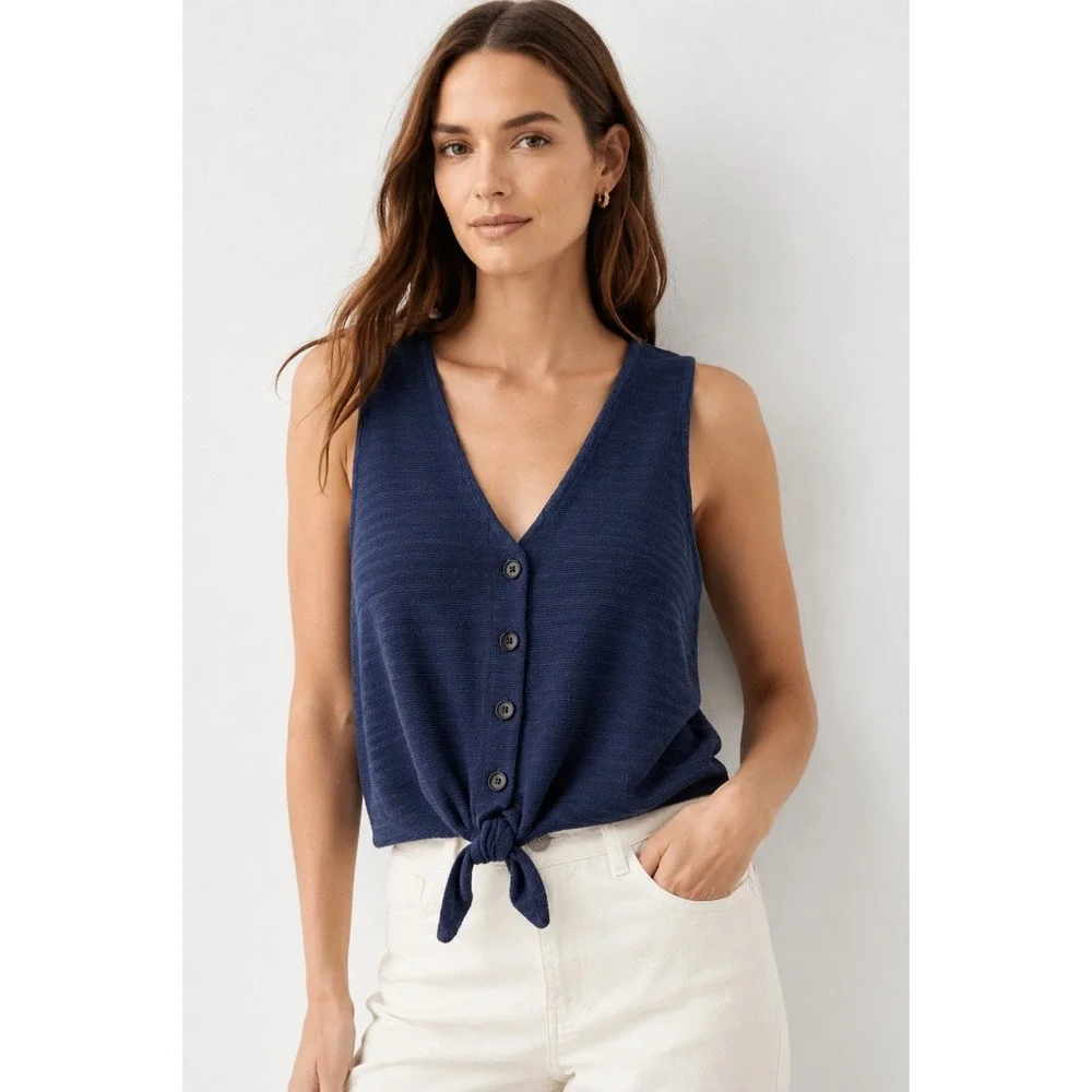 J crew  Sz Small Button-Front knit tank Tying Sleeveless  Navy Blue shirt office