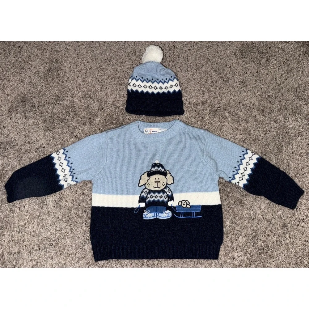 Vintage‎ b.t. kids Puppy Dog Pulling Sled  Sweater  w Beanie Hat Blue 24 Months