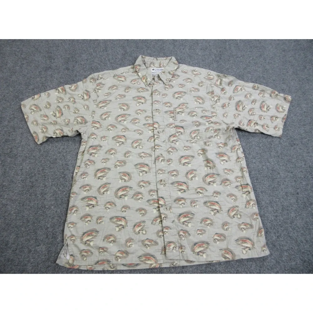 Columbia Shirt‎ Mens Medium Fish Print Short Sleeve Button Up Outdoors Fishing