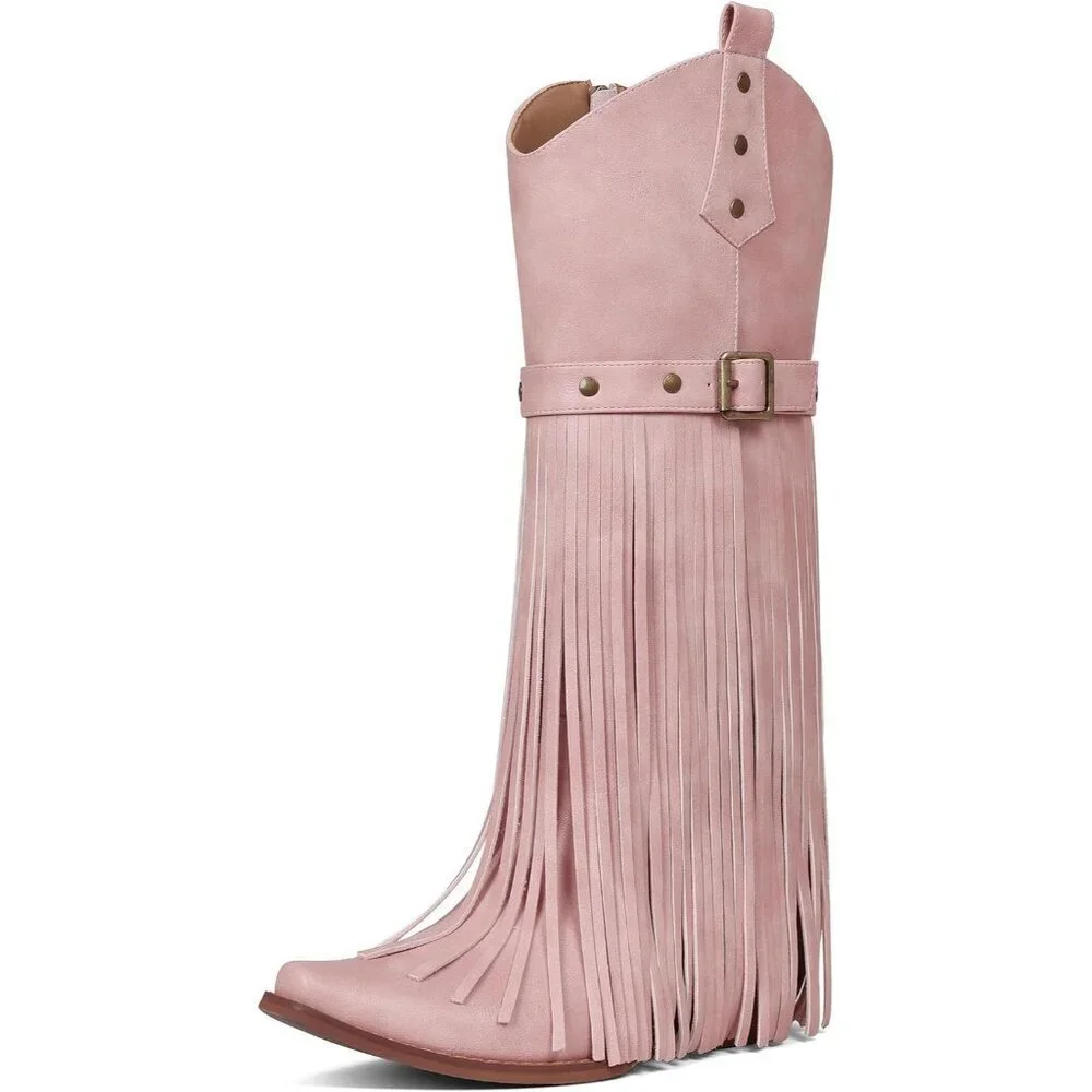 Women's Pink Retro Square Toe Cowgirl Side Zipper Blocked Chunky Heel Boots