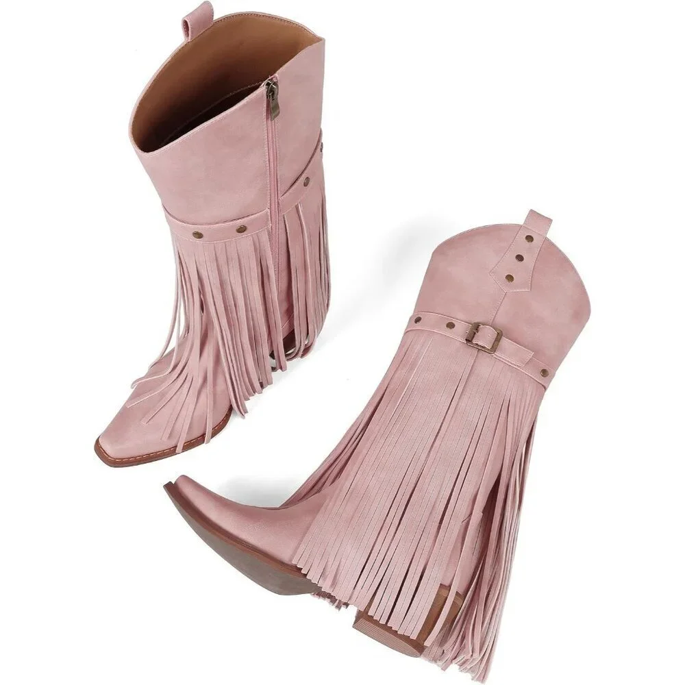 Women's Pink Retro Square Toe Cowgirl Side Zipper Blocked Chunky Heel Boots