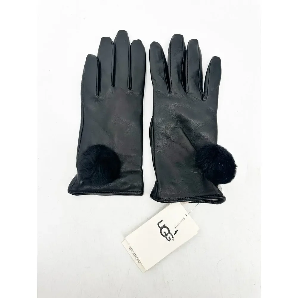UGG‎ Women's Leather Pom Glove in Black Size Medium NEW