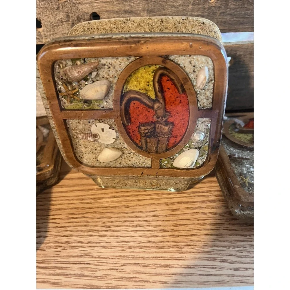 retro 3 Lucite napkin holder & spoon Rest Trivet, & orig label 1974, Shells Sand
