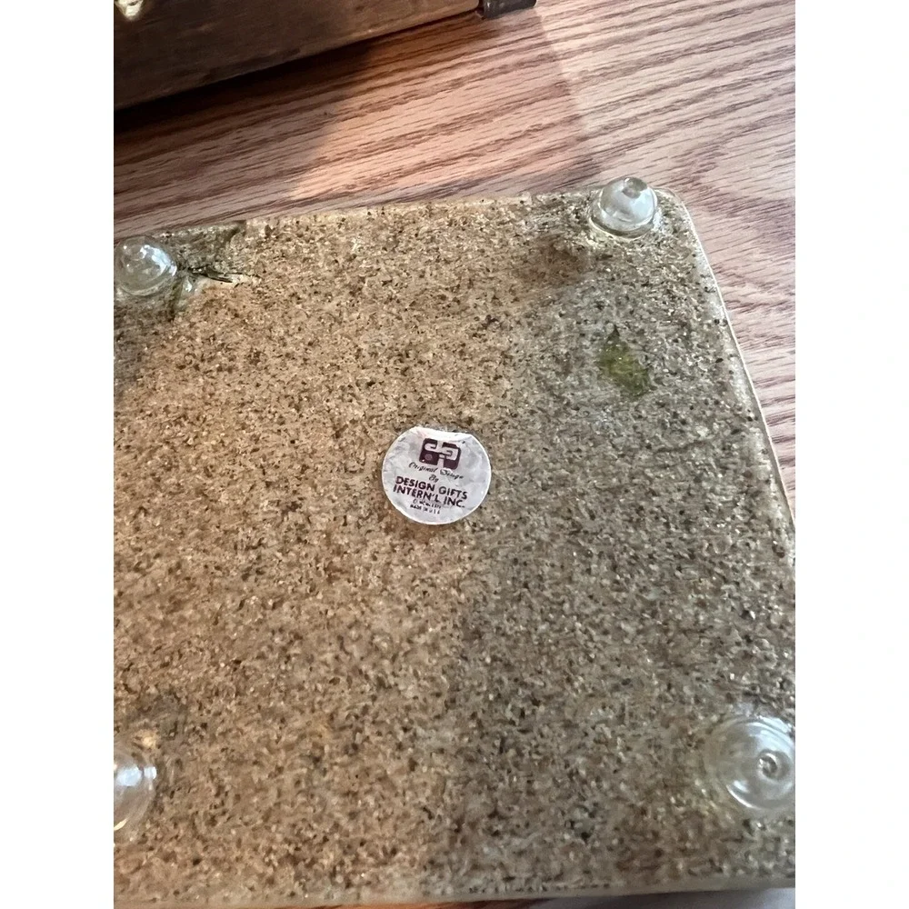 retro 3 Lucite napkin holder & spoon Rest Trivet, & orig label 1974, Shells Sand