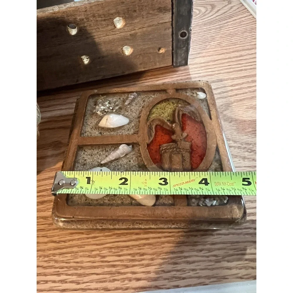 retro 3 Lucite napkin holder & spoon Rest Trivet, & orig label 1974, Shells Sand