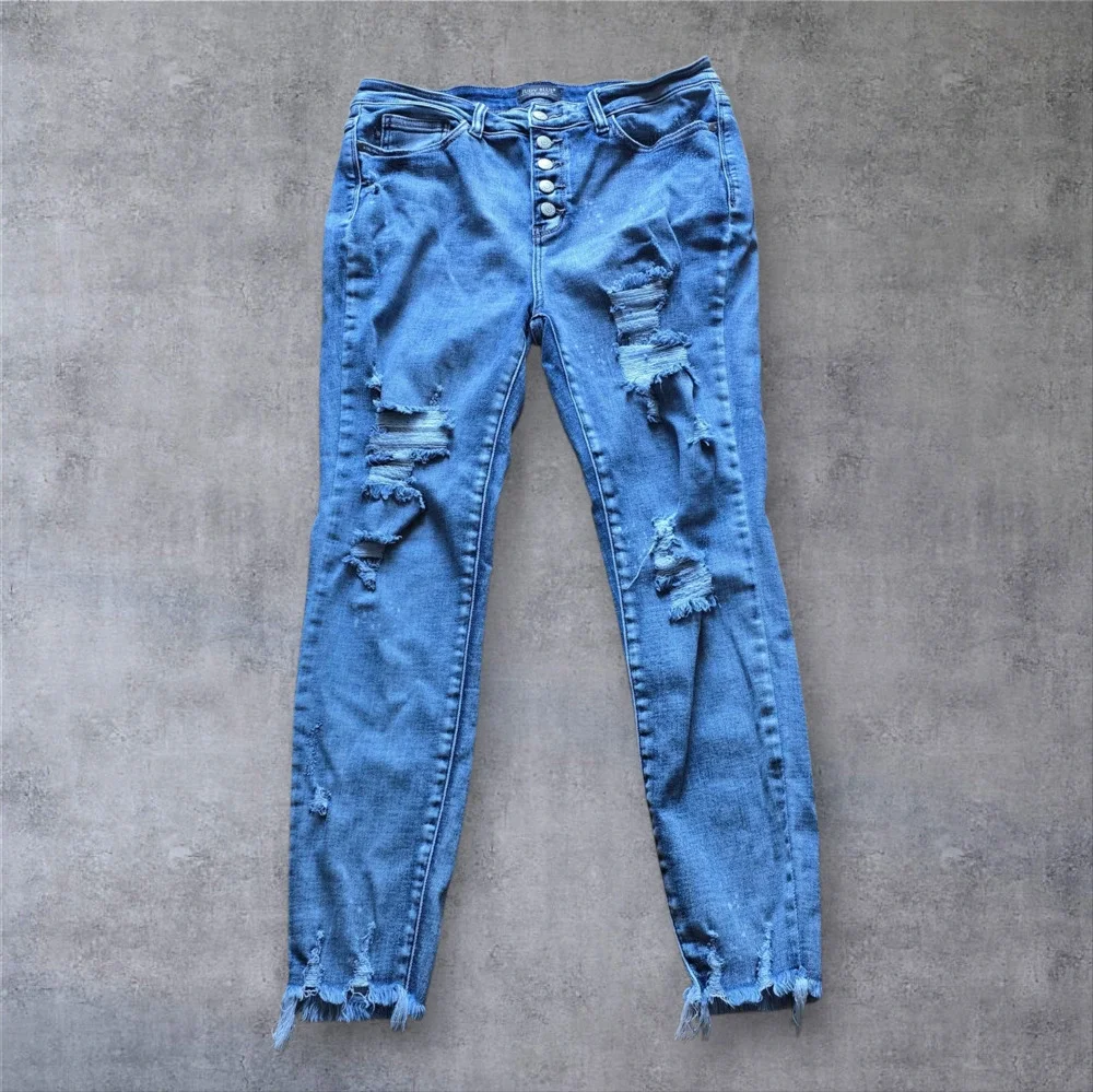 Judy Blue Women's Button Fly Skinny Fit Distressed Raw Hem Jeans, Size 13