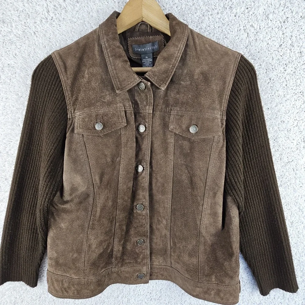 Relativity Leather Suede Button Up Jacket W/ Knit Sleeves Women's XL Chocolate‎