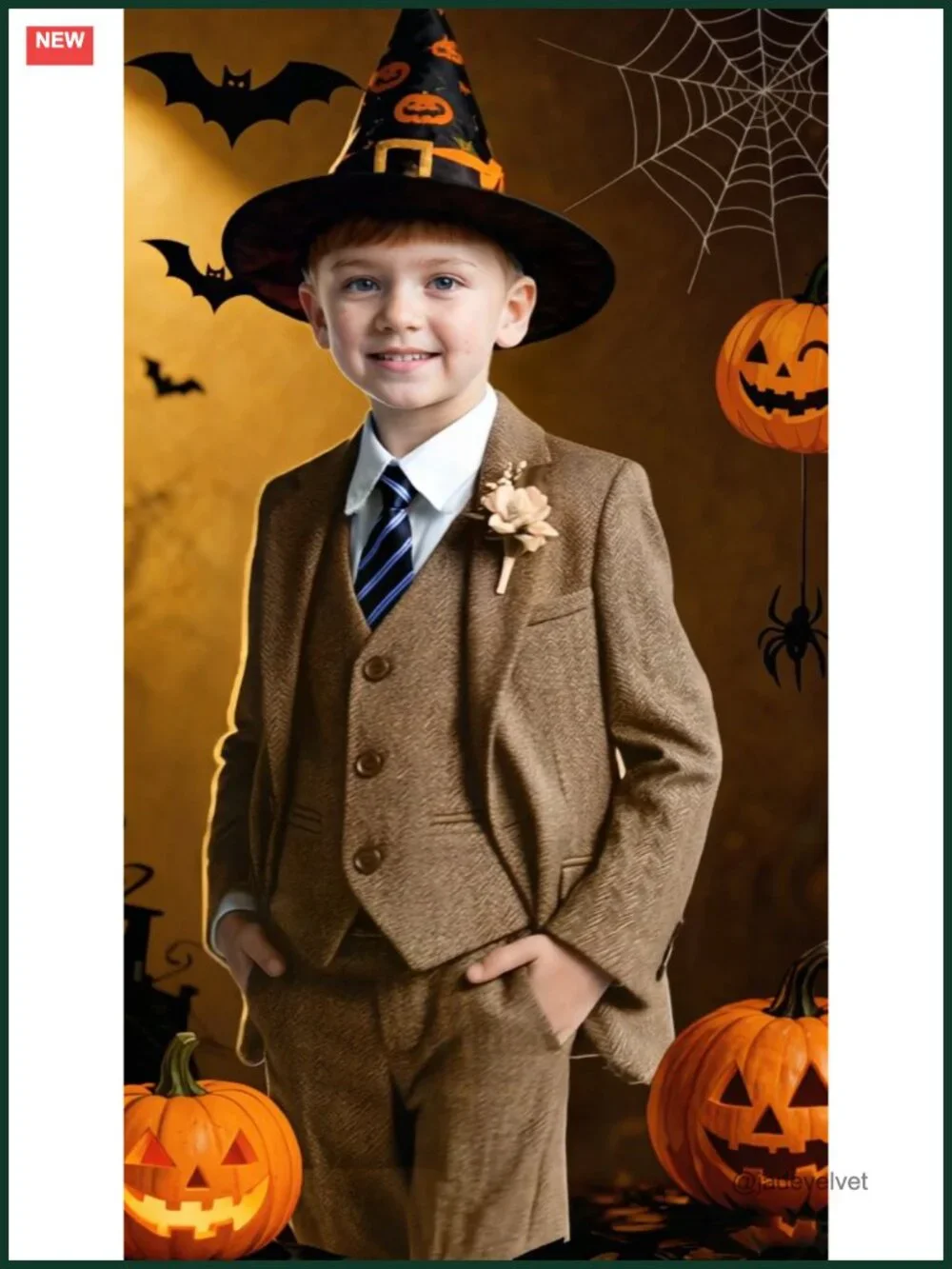 5-Piece Tweed Herringbone Suit Set for Boys - Jacket, Vest, Pants, Shirt, Tie