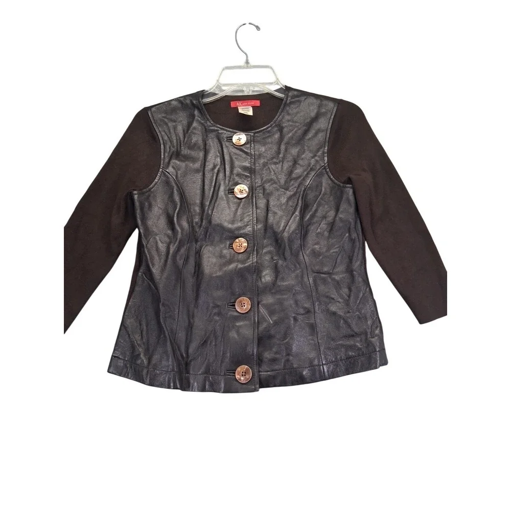 Anne Klein Women's Front 100% Leather Jacket 3/4‎ Length Button Up Size PM