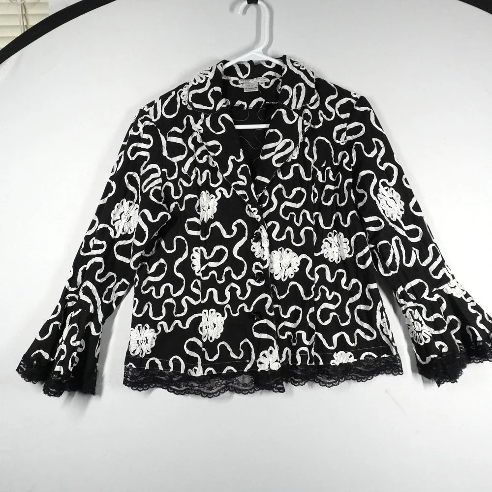 VTG Alberto Makali Black White Floral Soutache Lace Trim Bell‎ Sleeve Jacket 8