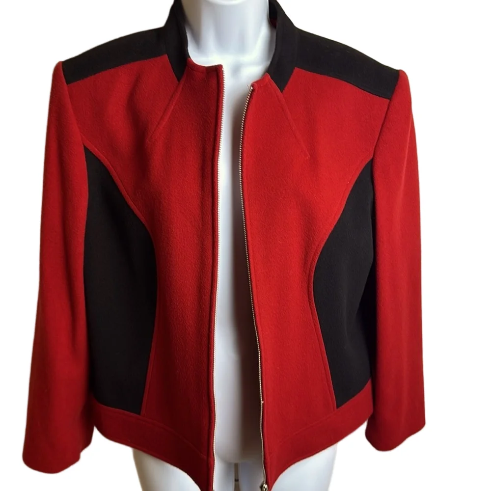 Louben Red Black Cashmere Wool Zip Jacket Size 14