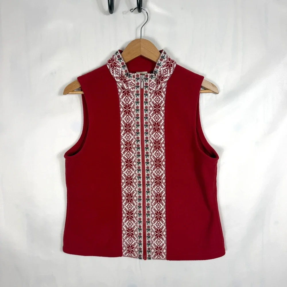 LL Bean Fleece Vest Womens Med Red Nordic Isle Snowflake Full Zip Outdoor Layer