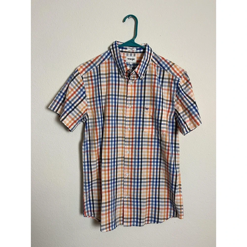 Wrangler Shirt Boys Large Orange Blue Plaid Slim Fit‎ Short Sleeve Button Down