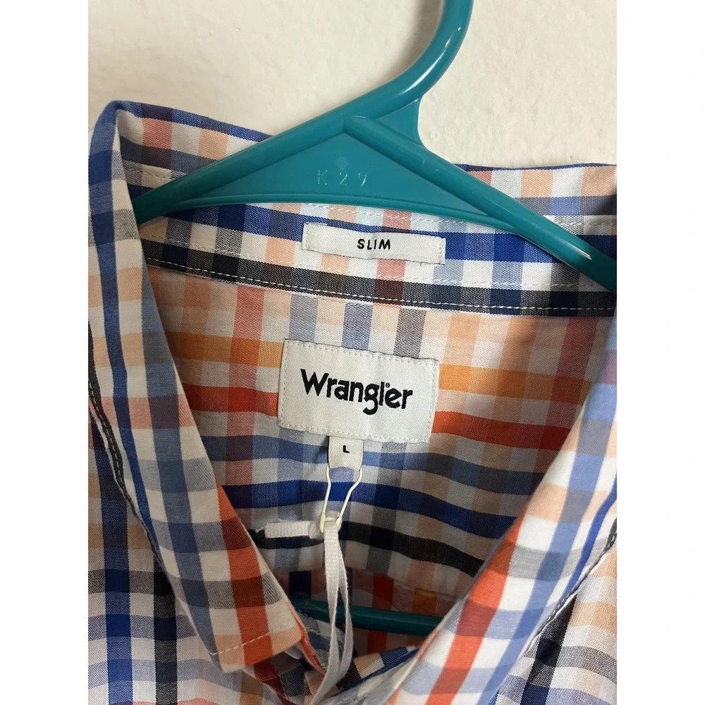 Wrangler Shirt Boys Large Orange Blue Plaid Slim Fit‎ Short Sleeve Button Down