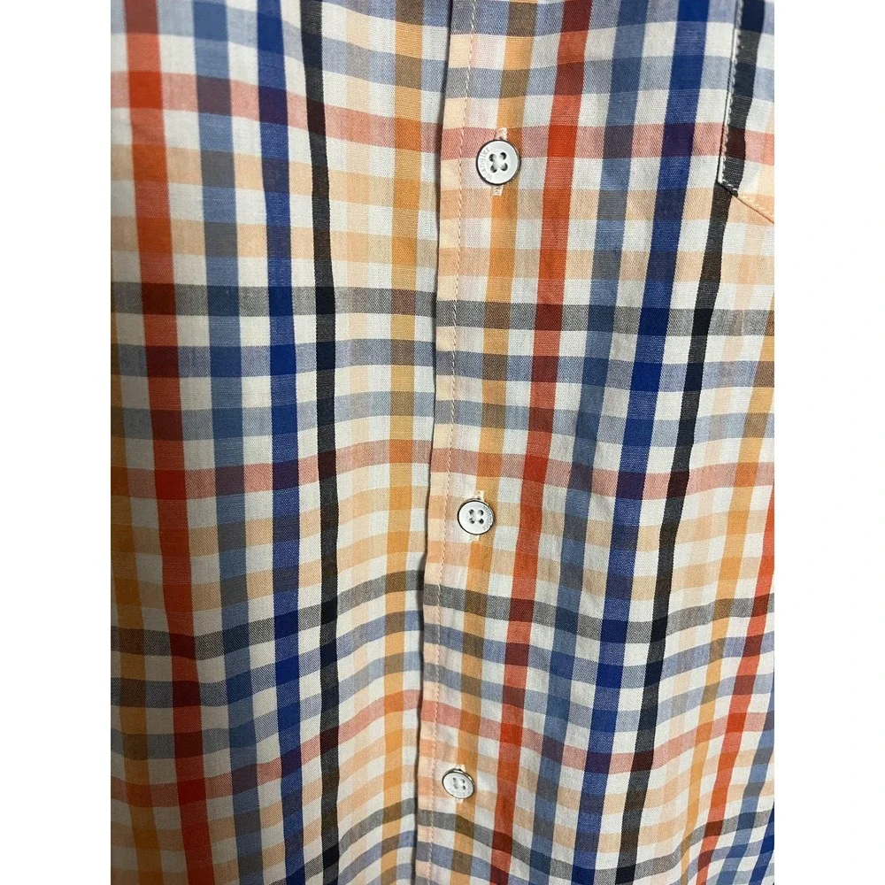 Wrangler Shirt Boys Large Orange Blue Plaid Slim Fit‎ Short Sleeve Button Down