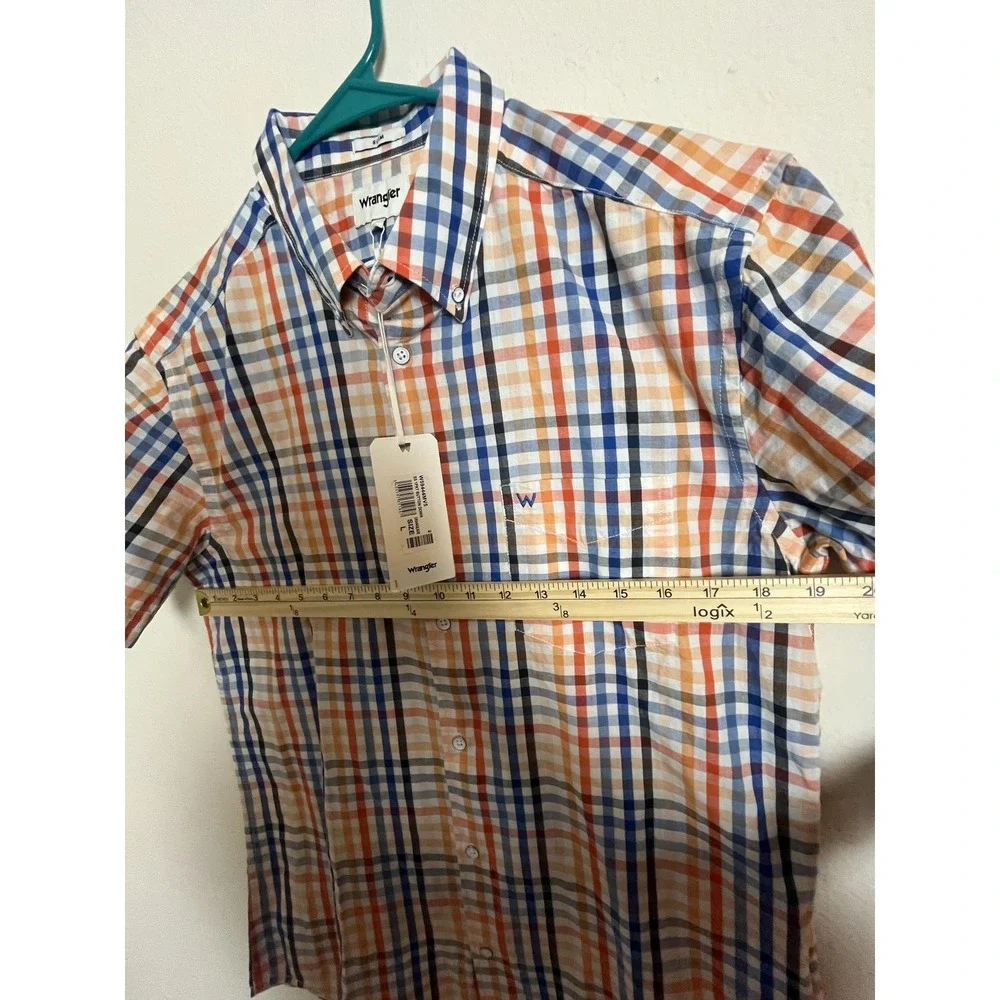 Wrangler Shirt Boys Large Orange Blue Plaid Slim Fit‎ Short Sleeve Button Down