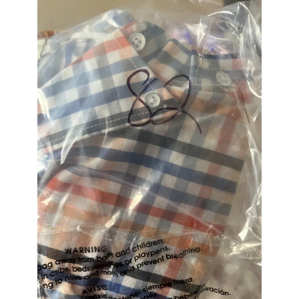 Wrangler Shirt Boys Large Orange Blue Plaid Slim Fit‎ Short Sleeve Button Down