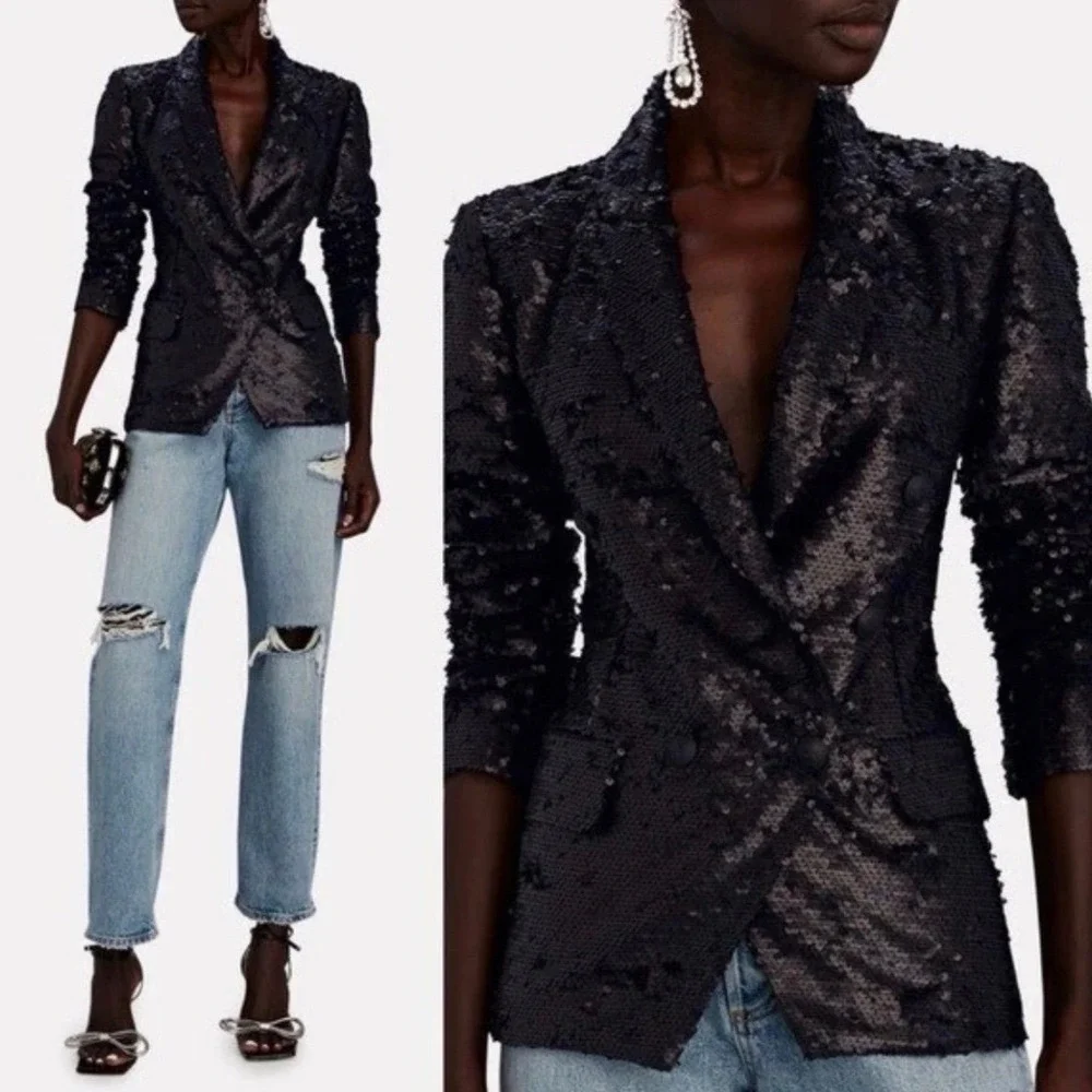 L'Agence Kenzie Double-Breasted Sequin Blazer Black‎ Jacket Size Medium