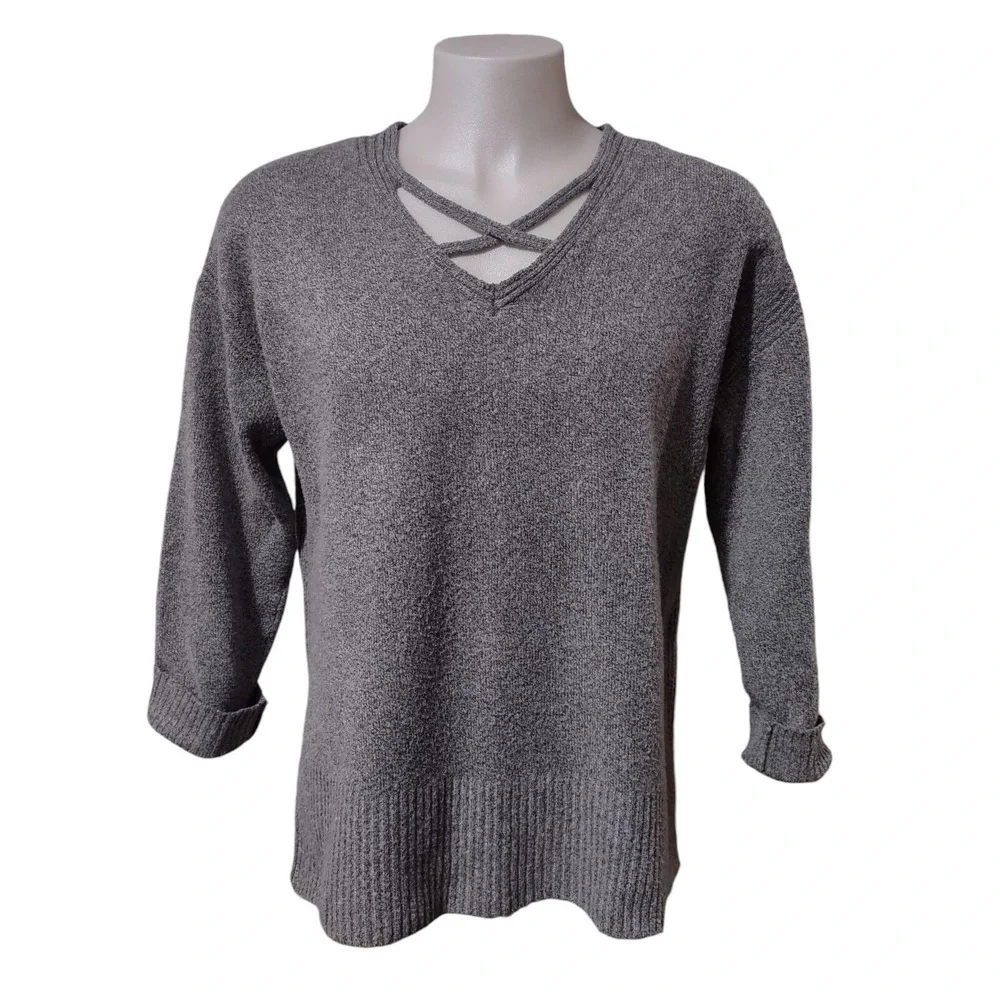 Thyme & Honey Women's Size L Long Sleeve Super Soft Gray Sweater Pullover V Neck