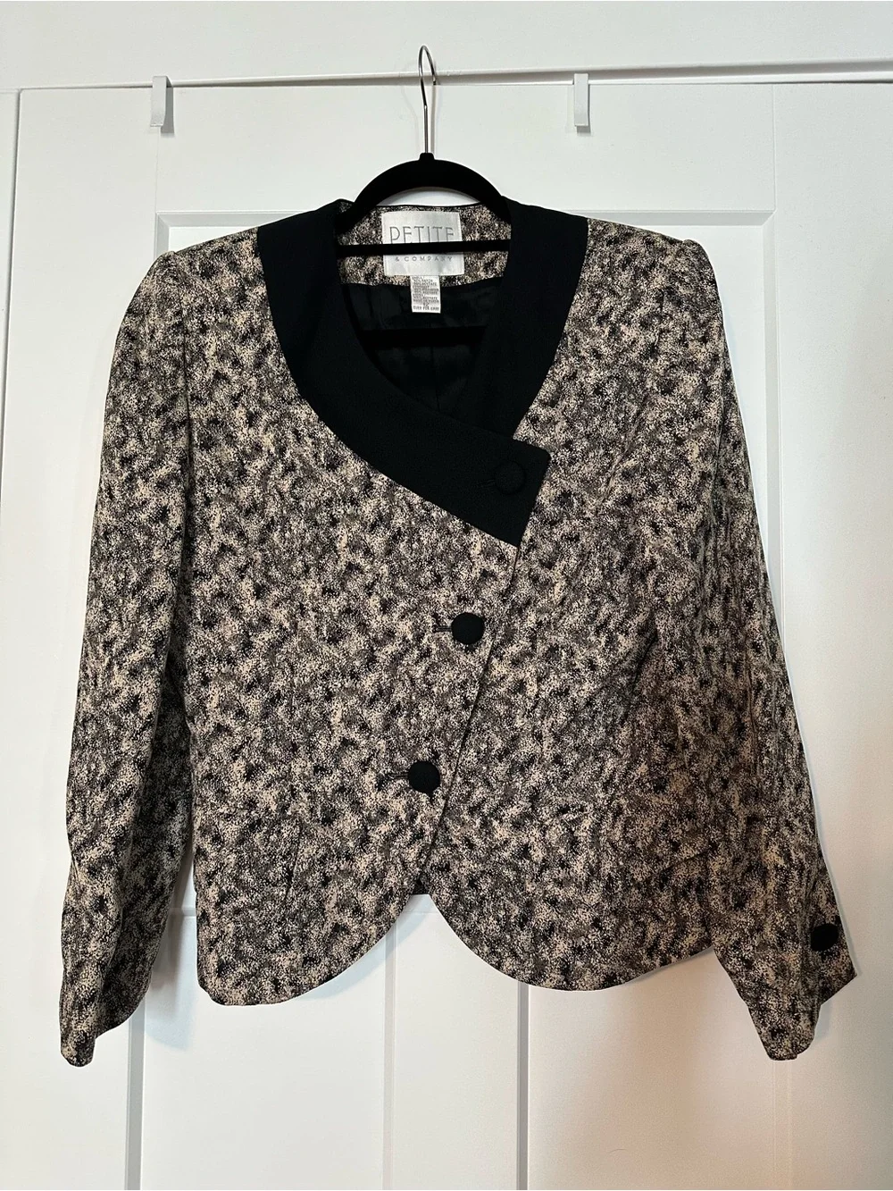 Petite Sophisticate Black and Cream Asymmetric Textured Blazer
