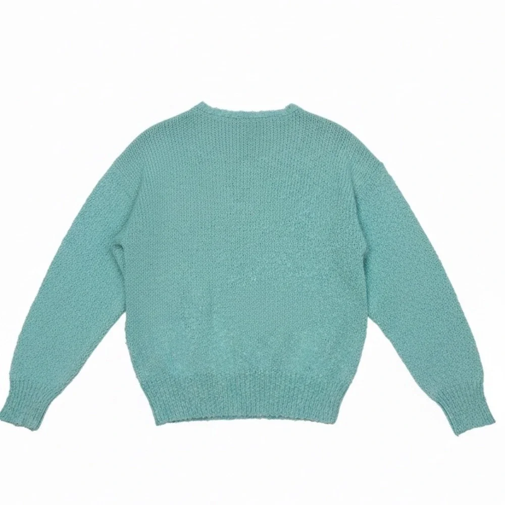 Needles & Yarn Turquoise Floral Applique Knit Sweater Size L Popcorn Texture‎